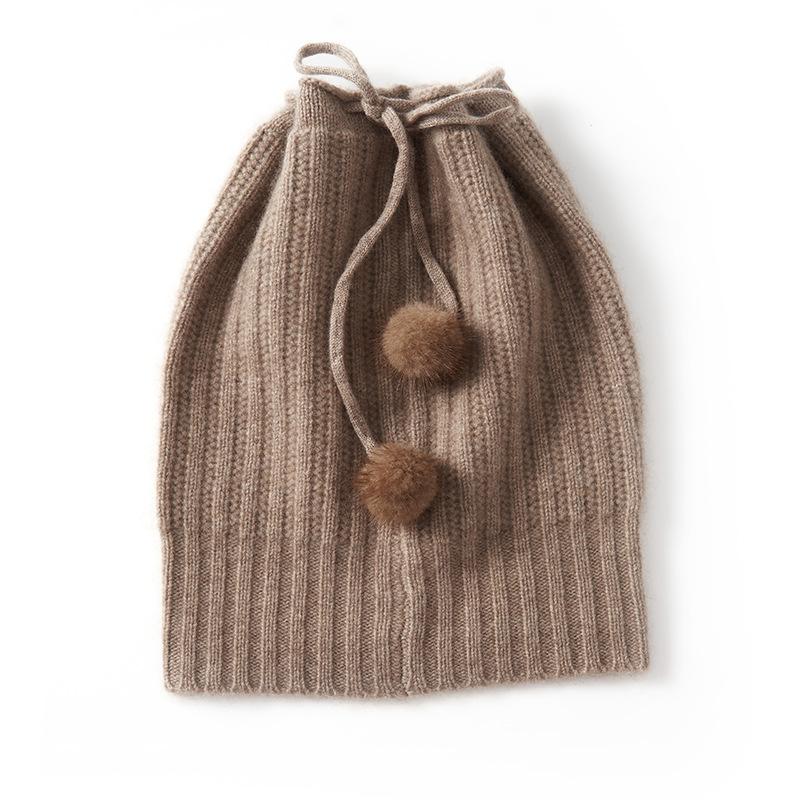 

Cashmere Autumn and Winter New Style Women s High End Knitted Outdoor Warm Drawstring with Ball Ear Protection Knitted Casual Hat One size