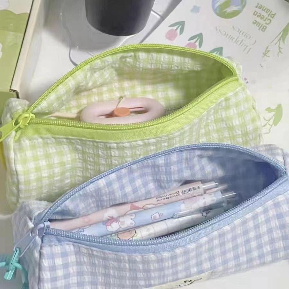 Large Capacity Grid Pencil Case Blue/Green Pencil Pouch Small Fresh Stationery Organizer Student