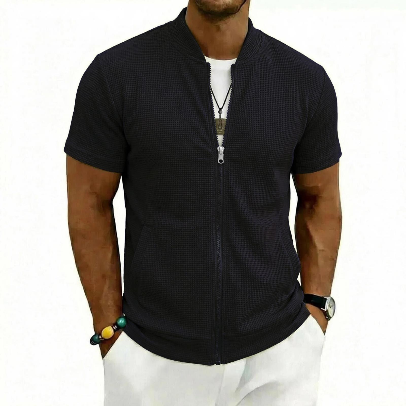 Master key Heren Slim, Lichtgewicht En Ademend Sportshirt Met Rits - Heren American- Casual Top Met Korte Mouwen M zwart