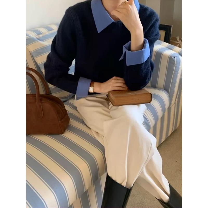 Winter Solid Knitted Pullover Sweater Women Retro Fake Two Pieces Top Pullover Female Korean Fashion Vintage Sweater 2024 New