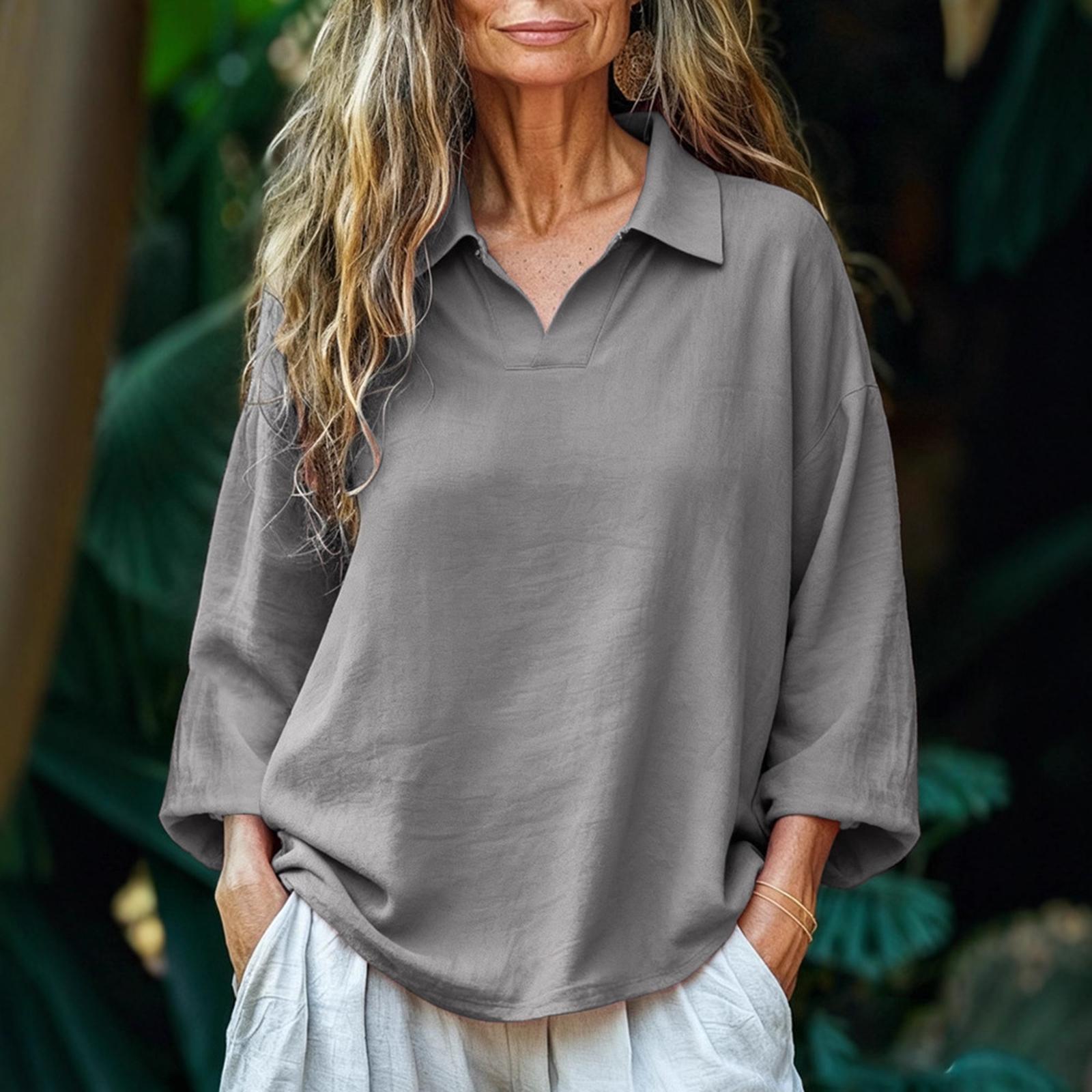 

Women s Fashionable Solid Color V-neck Long Sleeved Casual Pullover Top XL