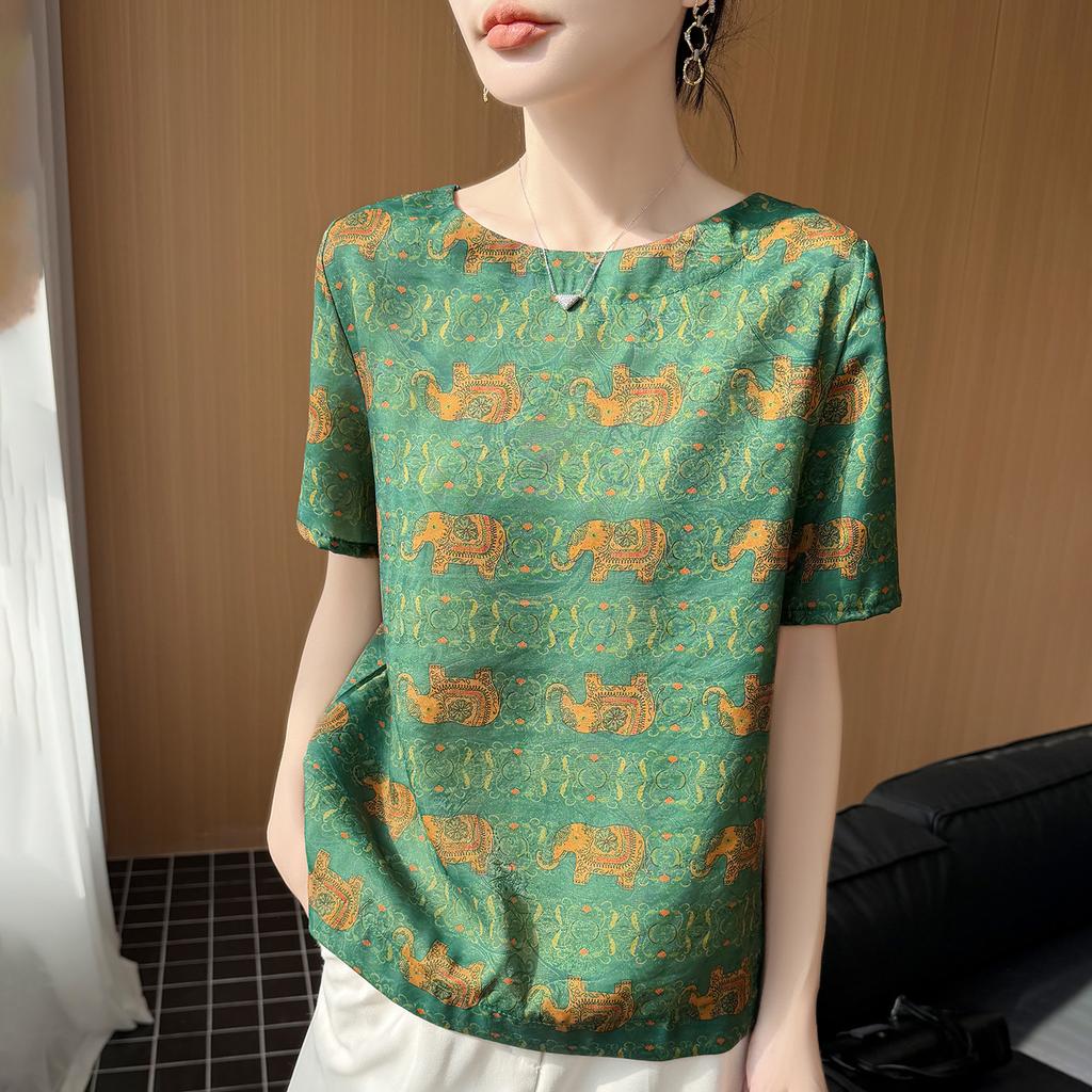 Traditional Chinese Pattern Stretchable Short-sleeved Women's Round-neck Versatile Stylish Loose-fitting Slimming T-shirt Top