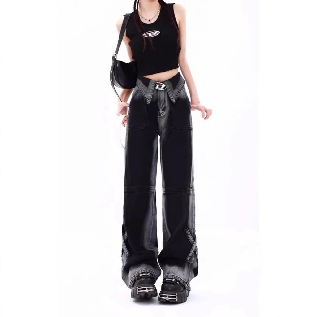 American Retro Gradient High-Waist Wide-Leg Jeans for Women - Plus Size, Floor-Length, Loose Fit, Autumn/Winter/Spring.