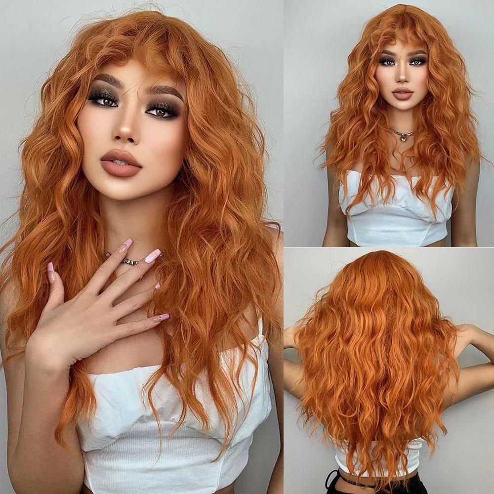 ALAN EATON Long Orange Synthetic Wig Water Wavy Wig with Bangs for Women Realistic Fake Hair Halloween Party Use Heat Resistant Cosplay Use