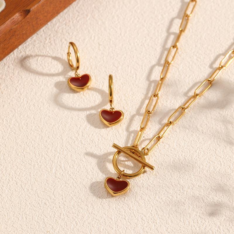 Stainless steel heart necklace and earring set - heart-shaped new year jewelry - 18k gold plated