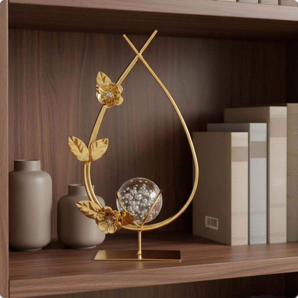 Crystal Ball Contemporary Chic metal Ornament Handcrafted Look Decorative Sphere Feather Leaf C