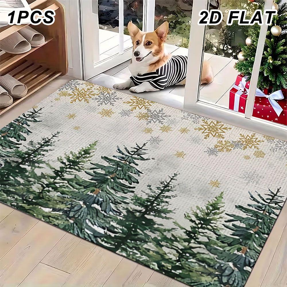 Serene Light Gray Snowman Blue Hat Let It Snow Tree Print Durable Washable Floor Mat For Soft Winter Home Indoor Mat