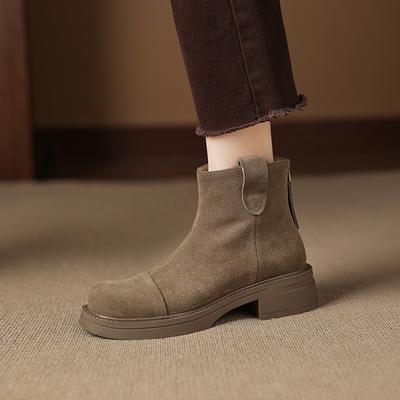 Mode 2025 Neue Herbst Damenstiefel Runde Zehenpartie Dicker Absatz Damenschuhe Motorradstiefel Kuhveloursleder Moderne Stiefeletten Plateauschuhe