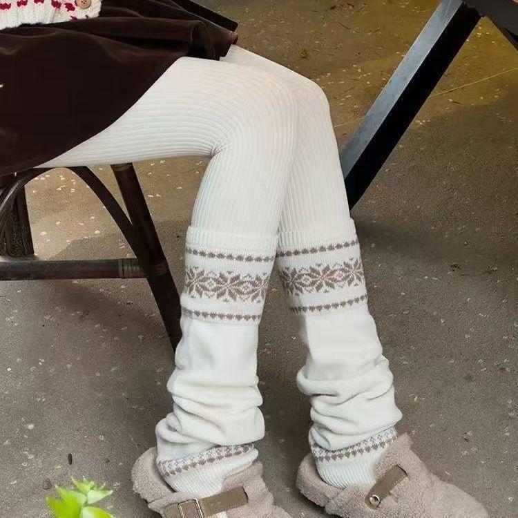 Fair Isle Schneeflockenmuster Gestrickte Beinwärmer Sockenaufsätze Gestrickte Stiefelstulpen Kaltwetter Modeaccessoire