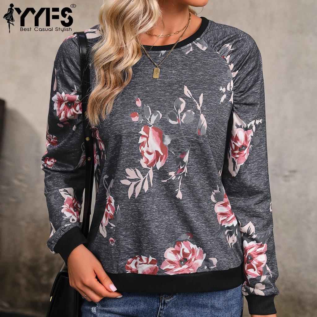 YYFS Jerséis y mangas largas con cuello redondo y manga larga para primavera y otoño con estampado de flores informales a la moda para mujer