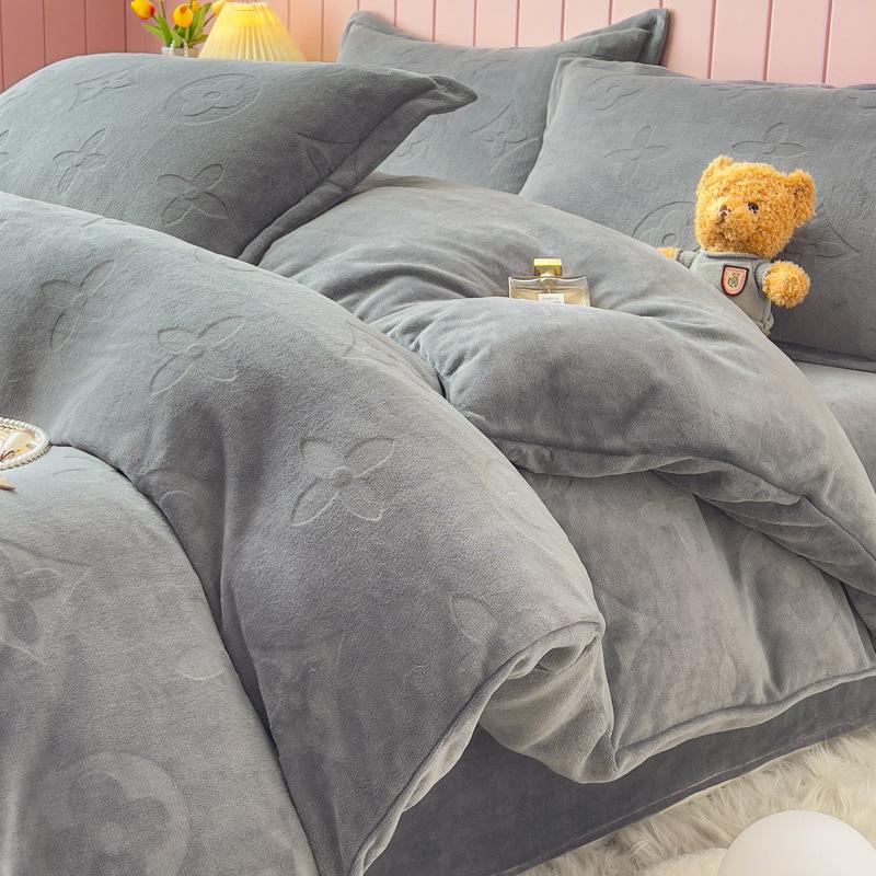 Double-Sided Thickened Milk Coral Fleece Bed Four-Piece Set Fleece Quilt Cover Coral Flannel Bed Sheet Bedding