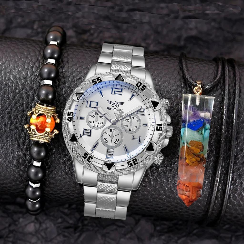 Trendy Men'S Steel Belt Quartz Watch + Bead Bracelet Crystal Pillar Necklace Pendant 3Pcs/Set Men'S Watch
