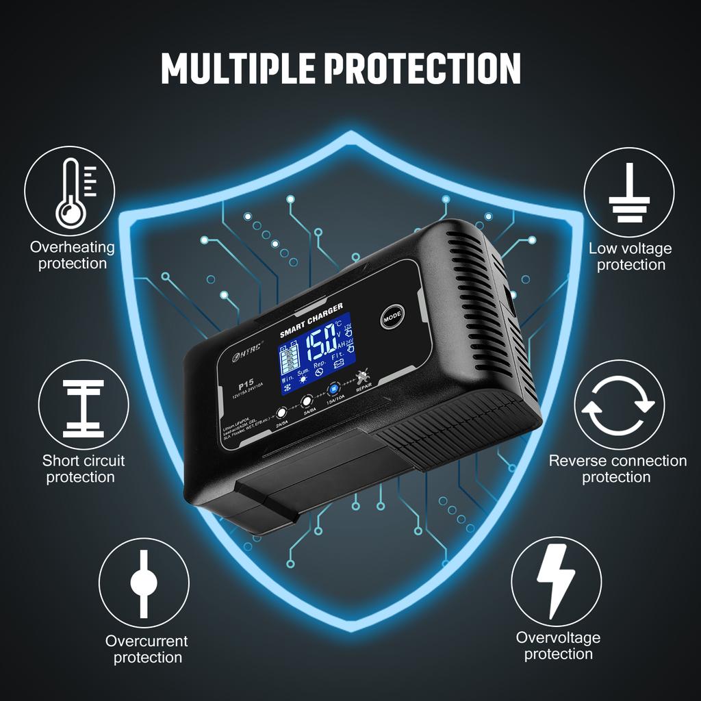 P15 12V-24V 35A/25A/20A/15A/10A Car Battery Charger LCD Automatic Pulse Repair Charge for Lifepo4 AGM Lead-Acid Lithium Batteri