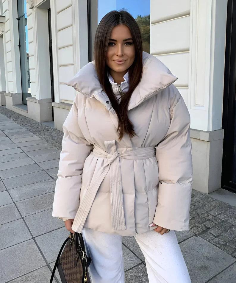 European and American women's clothing keeps warm and closes the waist, long sleeves tie the waist, loose and solid color fashionable cotton-padded