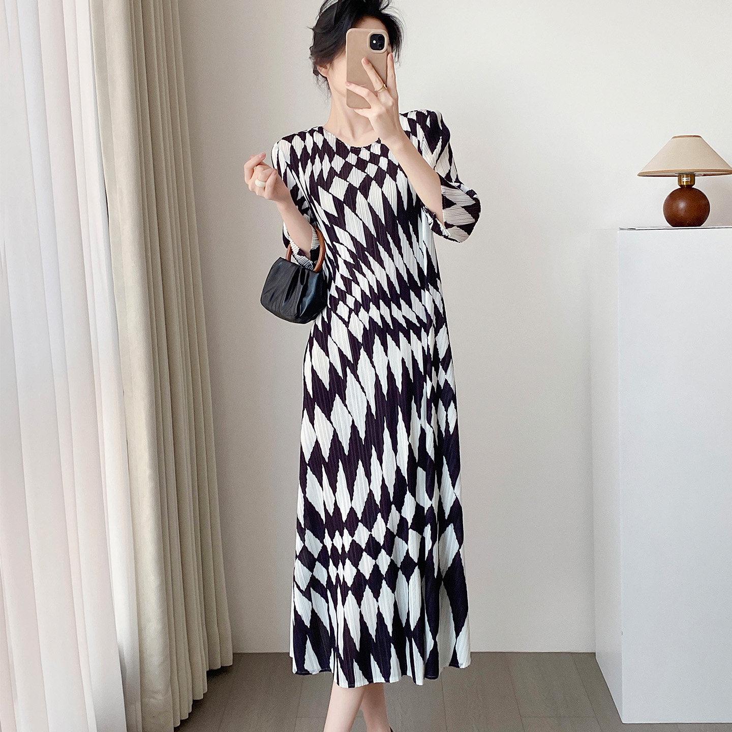 Miyake Geometric Print Women s Pleated Dress with Waist-Cinch and Three-Quarter Sleeves – Elegant and Slimming Design One Size