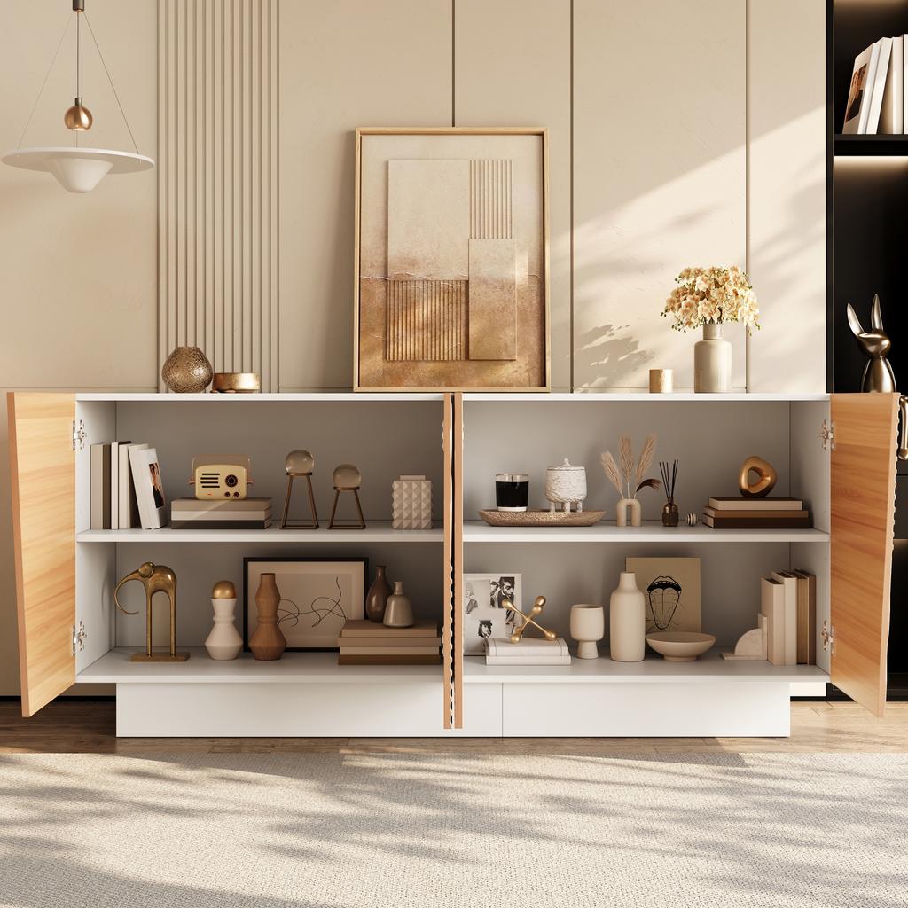 Sideboard, Living Room Cabinet, Geometric Groove Structure, 4 Doors, 2 Separate Storage Spaces, Height-Adjustable Shelves