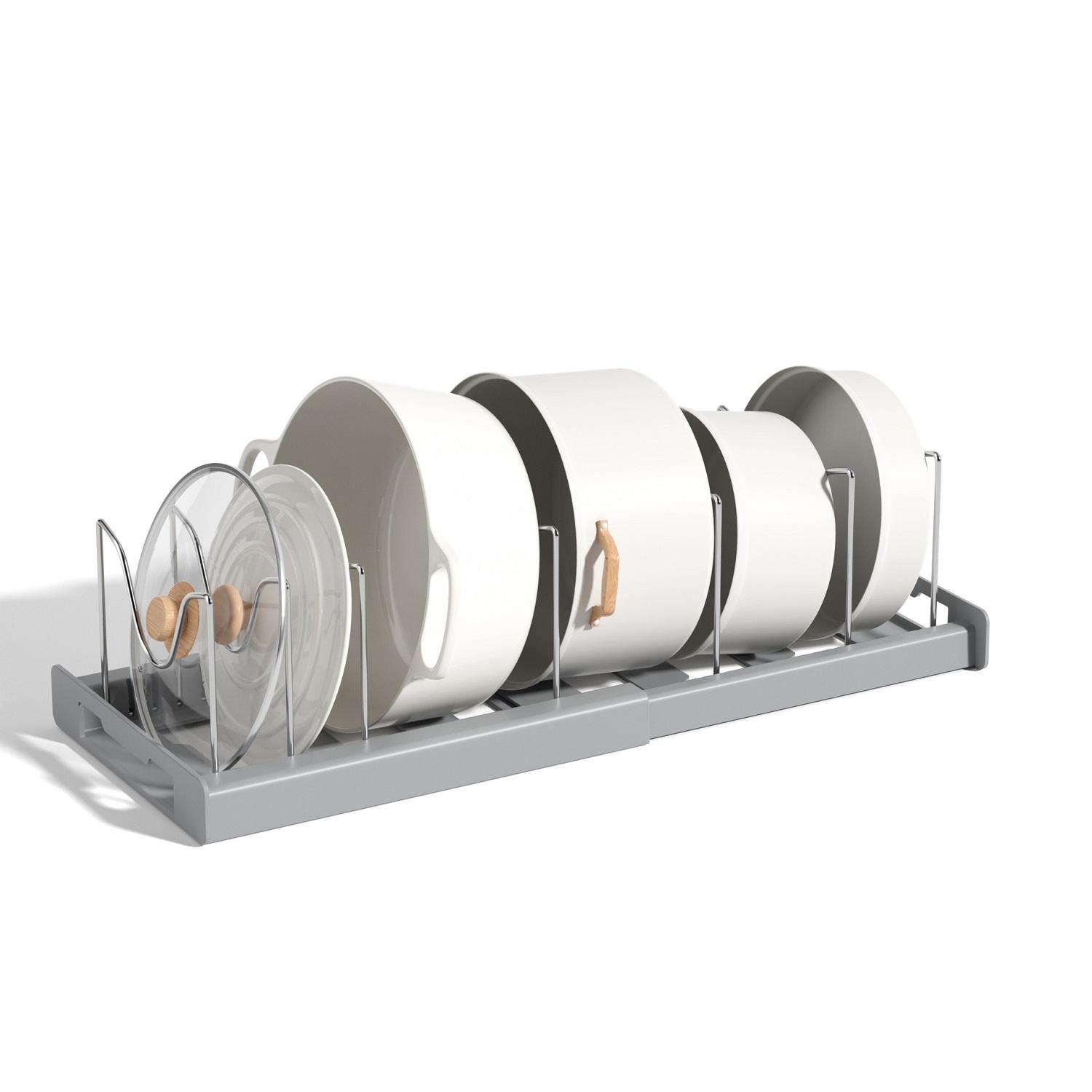 

Расширяемая стойка-органайзер для кастрюль, регулируемый разделитель, многоцелевое хранение кастрюль и сковородок, экономия места для кухонного шкафа серый