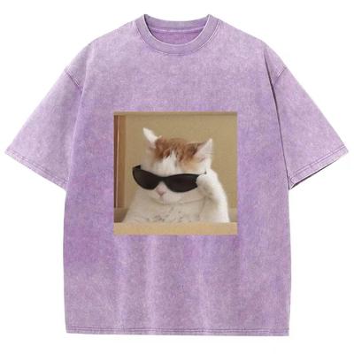 Katzen Meme T-Shirts Unisex Washed Tees Herren Damen Mode Lässige Kurzarm T-Shirts Baumwolle Übergroßes T-Shirt Streetwear