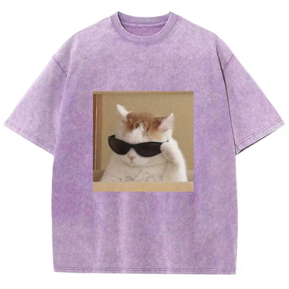 

Футболки с мемами про кошек Унисекс Выстиранные футболки Мужская Женская Мода Повседневные Футболки с коротким рукавом Хлопок Оверсайз Футболка Уличная одежда XL