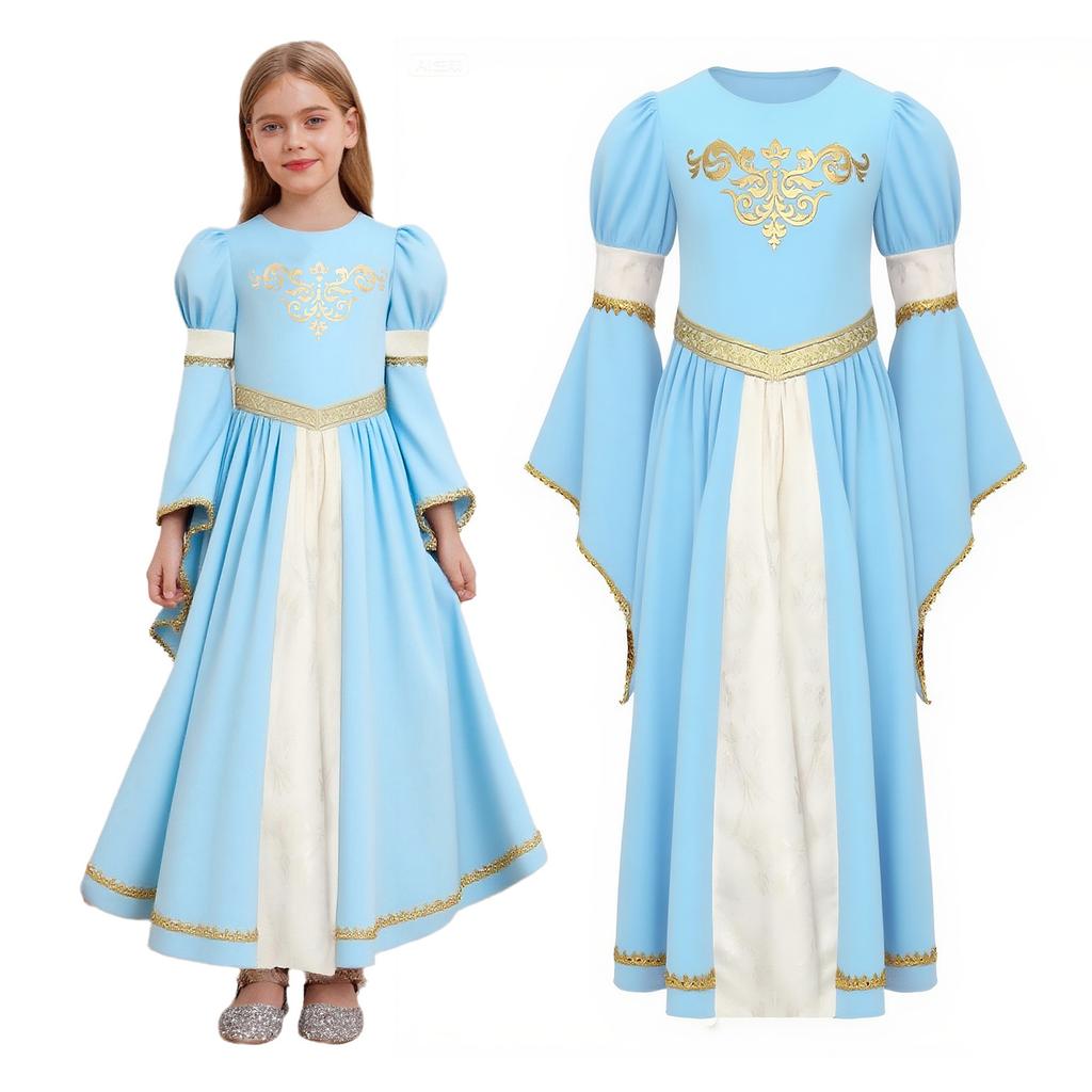 Luxury Medieval Princess Gown for Kids: Detailed Patchwork, Bell Sleeves, Gold Print & Waist Band for Renaissance Theme Event