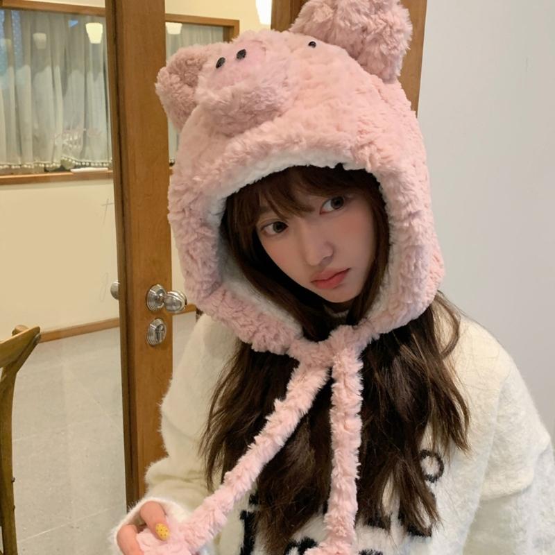 Furry Pig Ear Hat for Adult Teens Plush Earflap Hat for Shopping Skiing Windproof Beanies Hat for Cold Weather Headwear