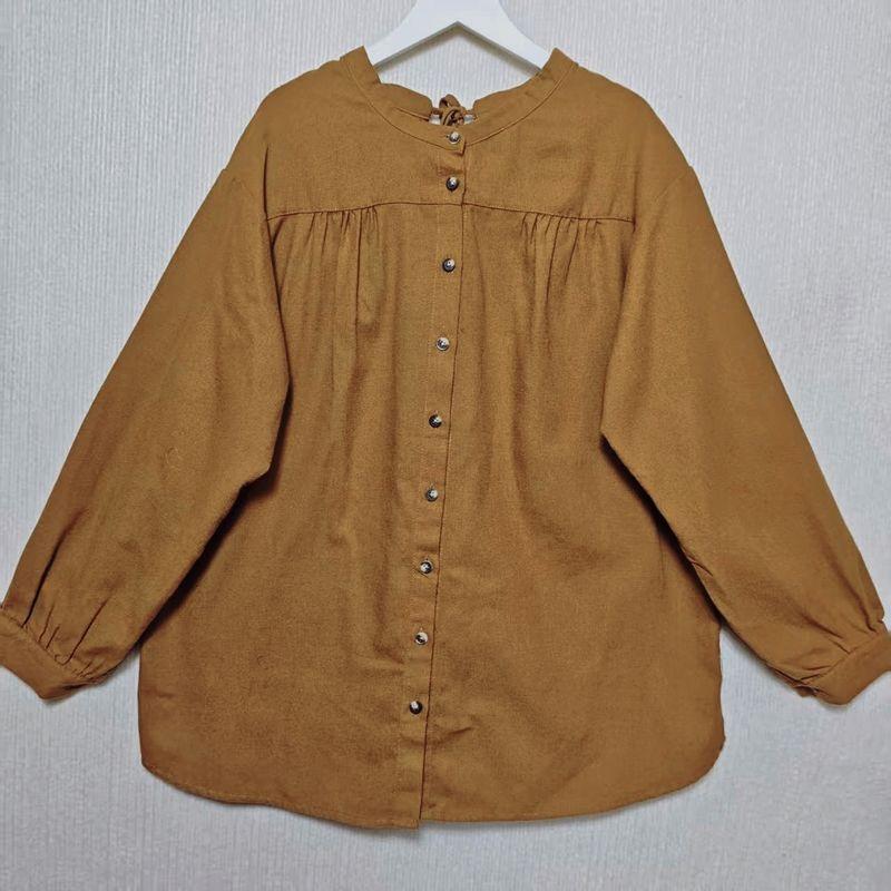 

Trade Orders Exported to Japan Tail Goods round Neck Long sleeve Open Shirt Women Slingback Casual All-matching Hem Loose Top Spring and Autumn Brown yellow L