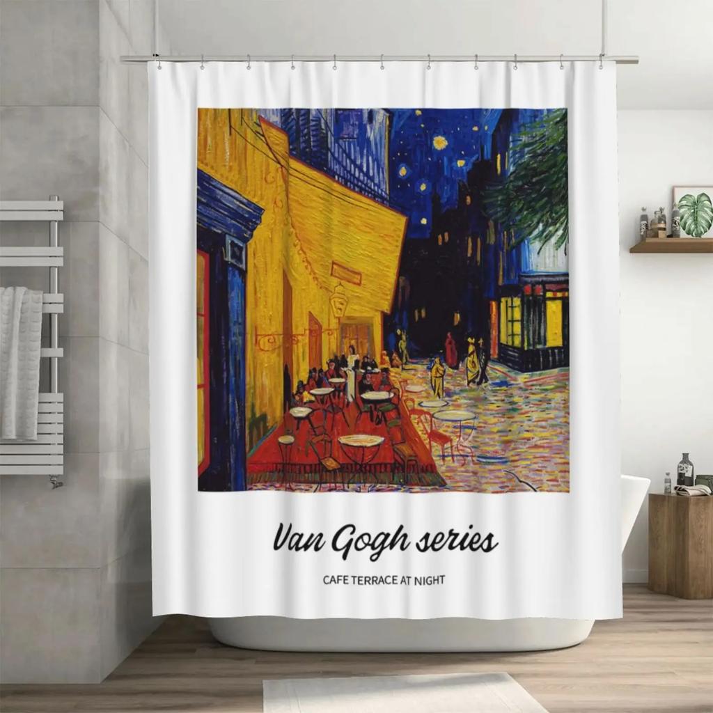 1 ks Umělecká podložka pod sprchový závěs inspirovaná Van Goghem - Perfektní pro dekoraci koupelny - Obsahuje 12 háčků , Na spodním okraji jsou zátěže