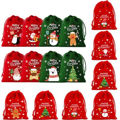 6/8/12Pcs Drawstring Gift Bags Red Green Cartoon Patterned 2025 Packaging Bags For Party Favors Velvet Christmas Candy Bag