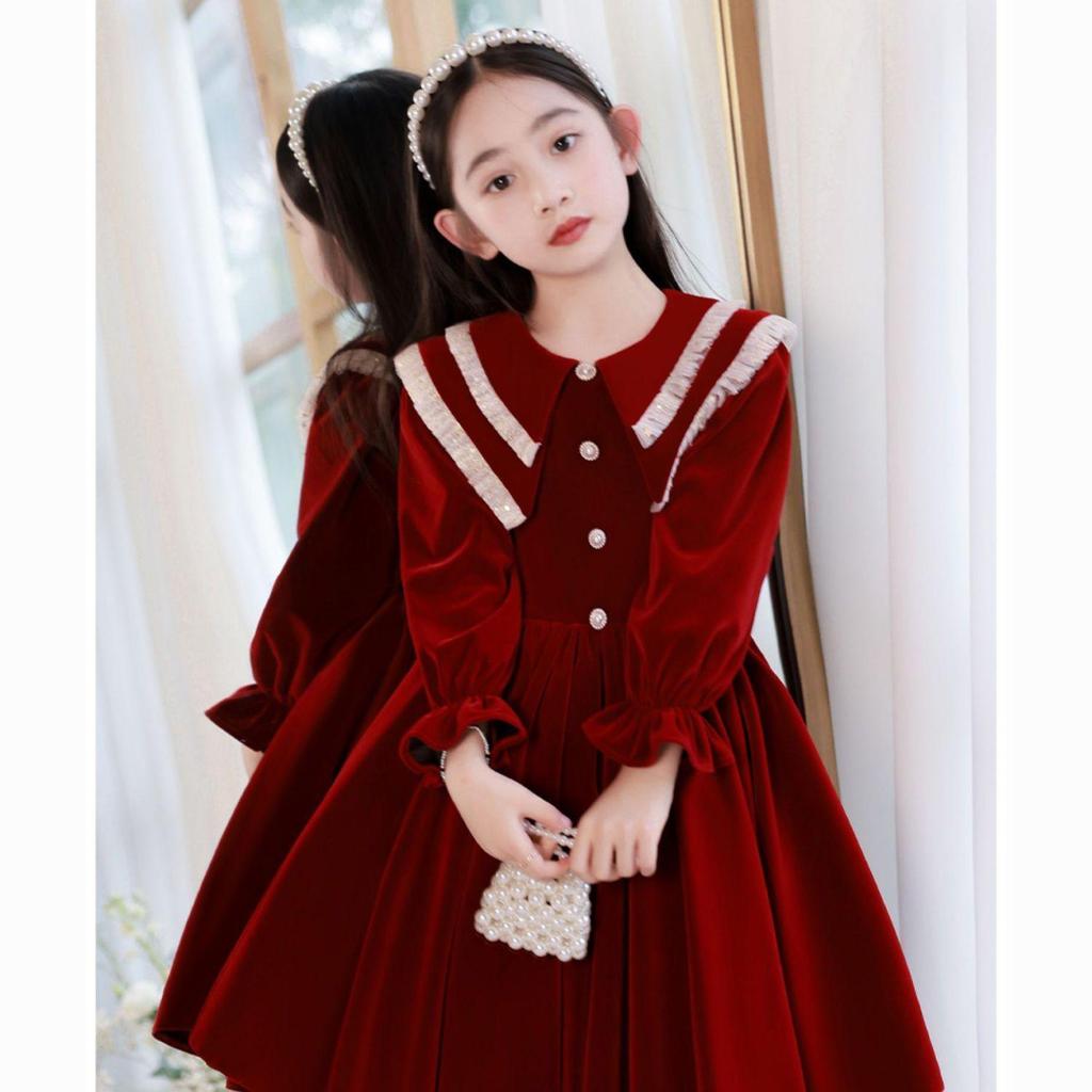 Sweet Velvet Dress for Girls, Red Velvet Princess Dress for Children Autumn and Winter