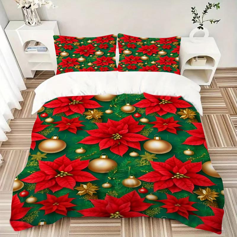 3pcs Christmas Poinsettia Bedding Set, Breathable and Soft, Suitable for Bedroom Decor (1*Duvet Cover + 1/2*Pillowcases, No Core) Yy250821154