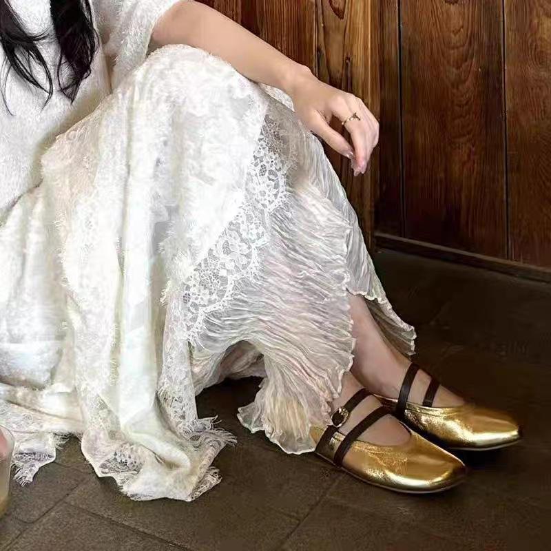 Sheepskin Retro Oblique Head Ballet Shoes Women Wear One-word Buckle Belt Temperament Flat Mary Jane Single Shoes Grandma Shoes Women