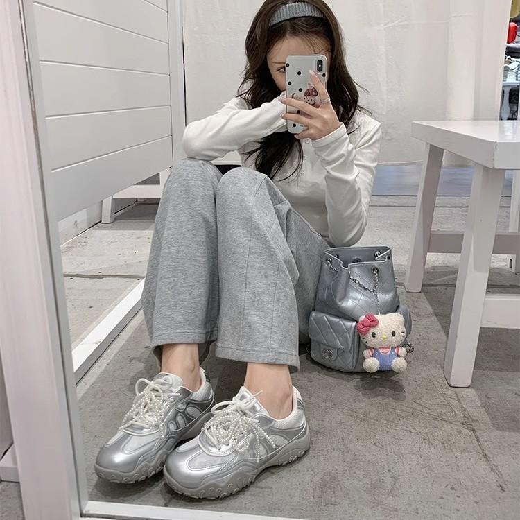 [Su Yinyin] The new color is here~ The inner height of the crescent moon is increased, lace pearl casual moral training shoes, women's Forrest Gump s