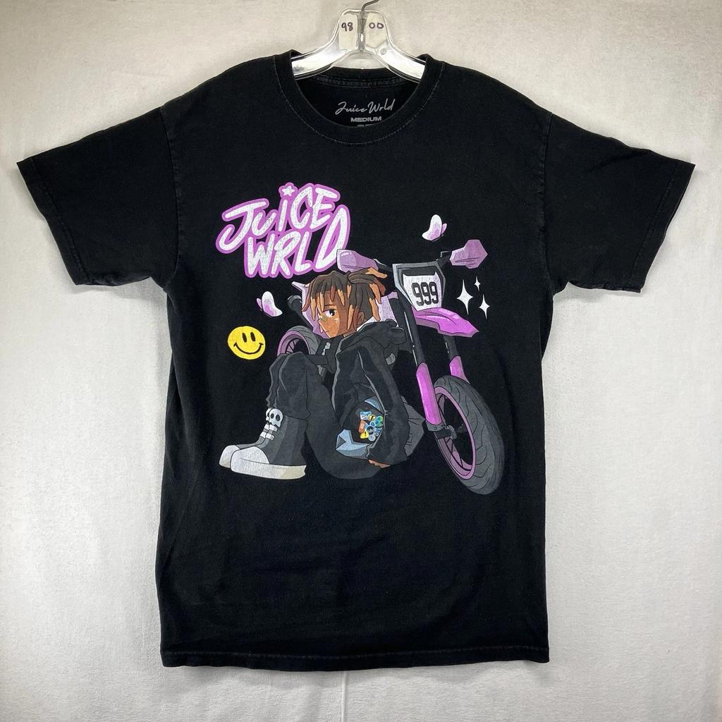 Juice WRLD Manga Anime Dirt Bike Graphic Print Faded Black T-Shirt Men Medium
