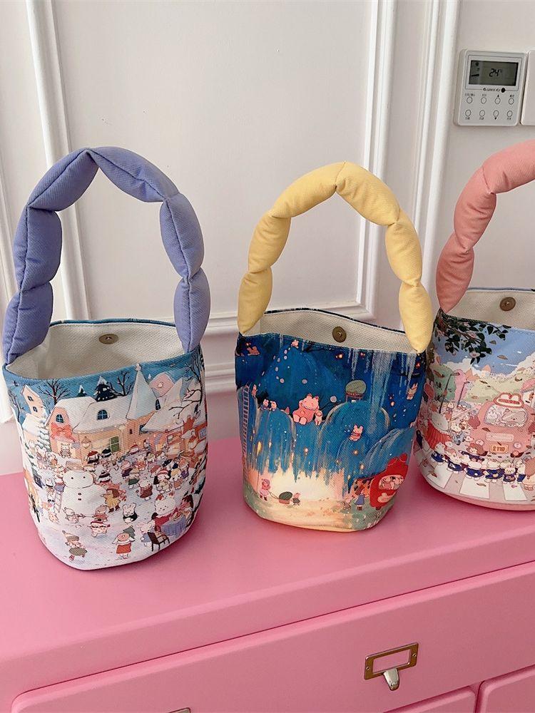 Printed Cute Cartoon Small Canvas Tote Bag For Women Lightweight Handbag Soft