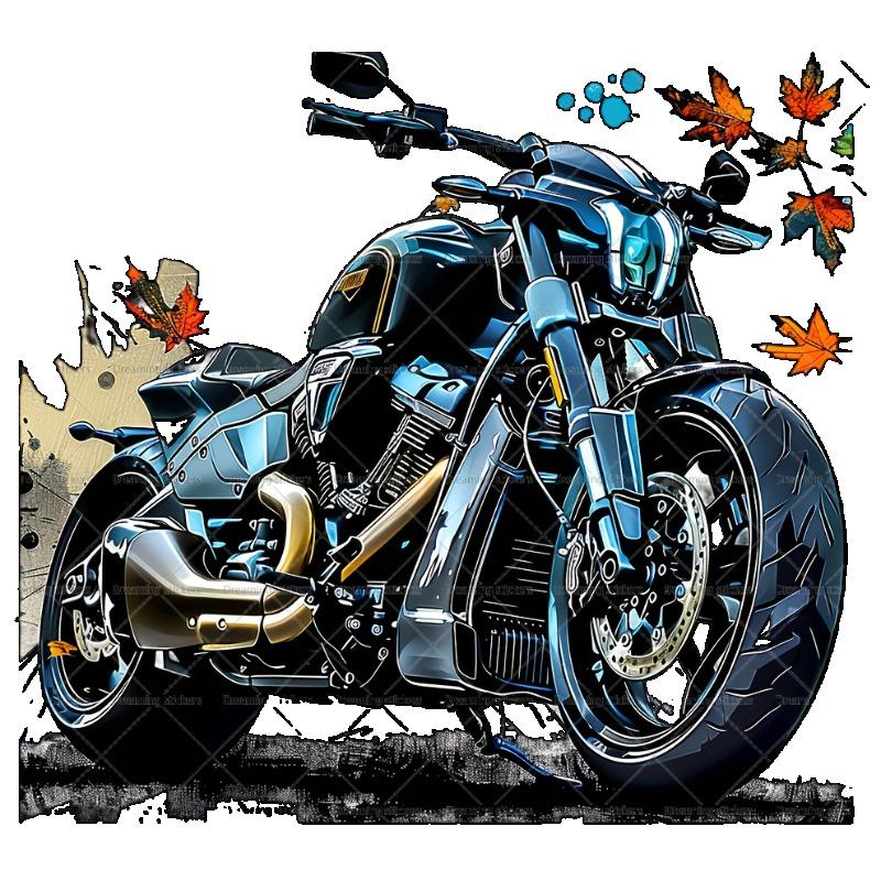 Motorcycle T Shirt Black Blue Motorcycle with Autumn Leaves Print for Casual Wear