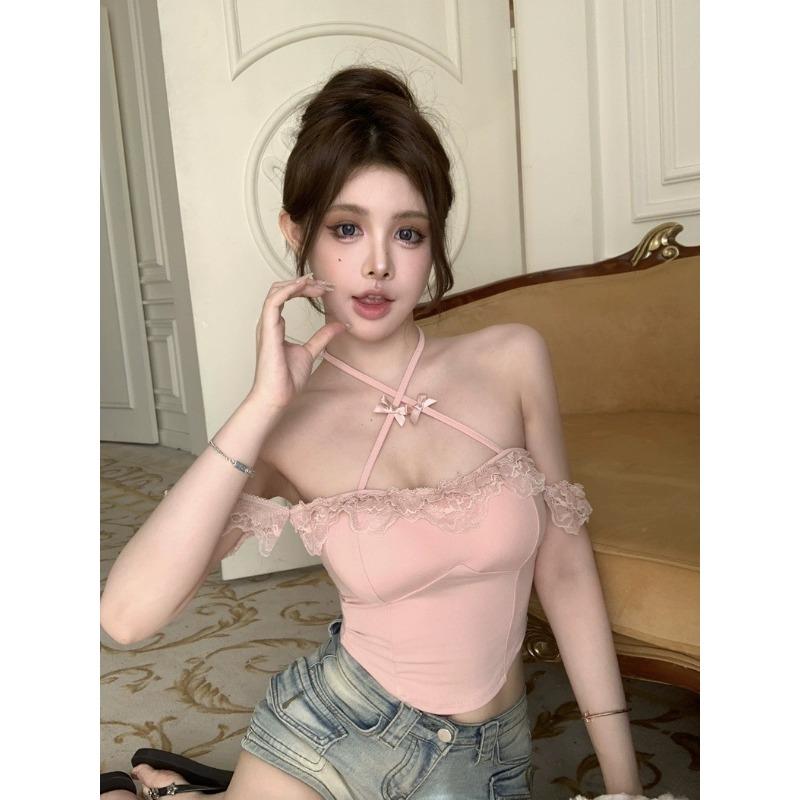 Cotton Pure Wind Lace One-line Shoulder Hanging Neck Bow with Chest Pad Small T-shirt Female Summer Spice Girls Wear Outside
