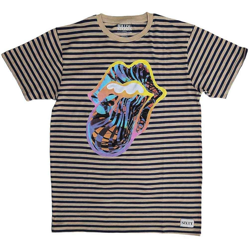 The Rolling Stones 'Cyberdelic Logo' Black Natural Striped T shirt - NEW Unisex T-Shirt