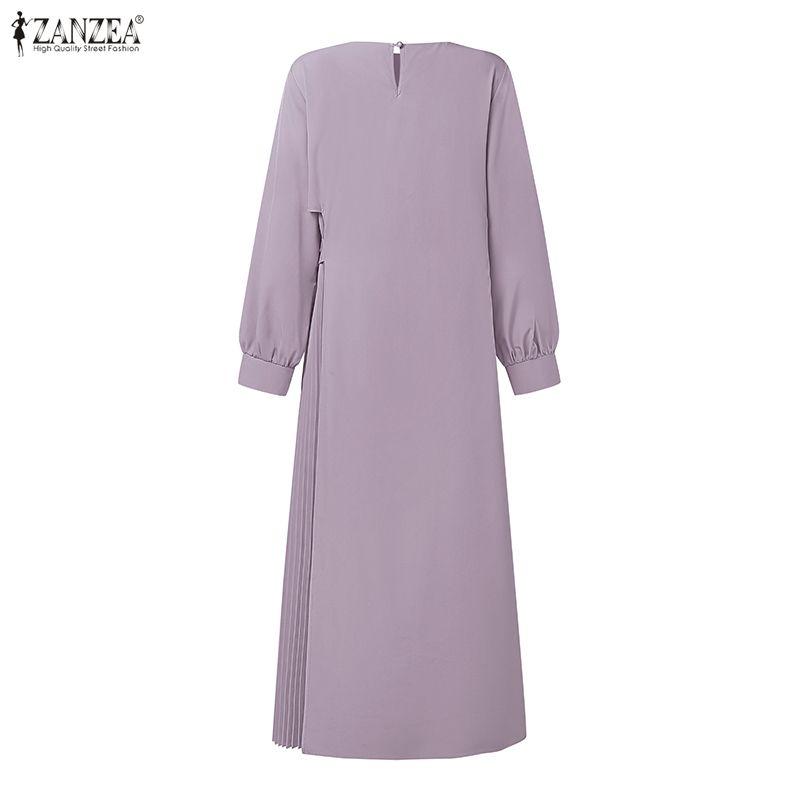 ZANZEA Muslimisches lässiges unregelmäßiges plissiertes Design Damen lockeres Langarmkleid