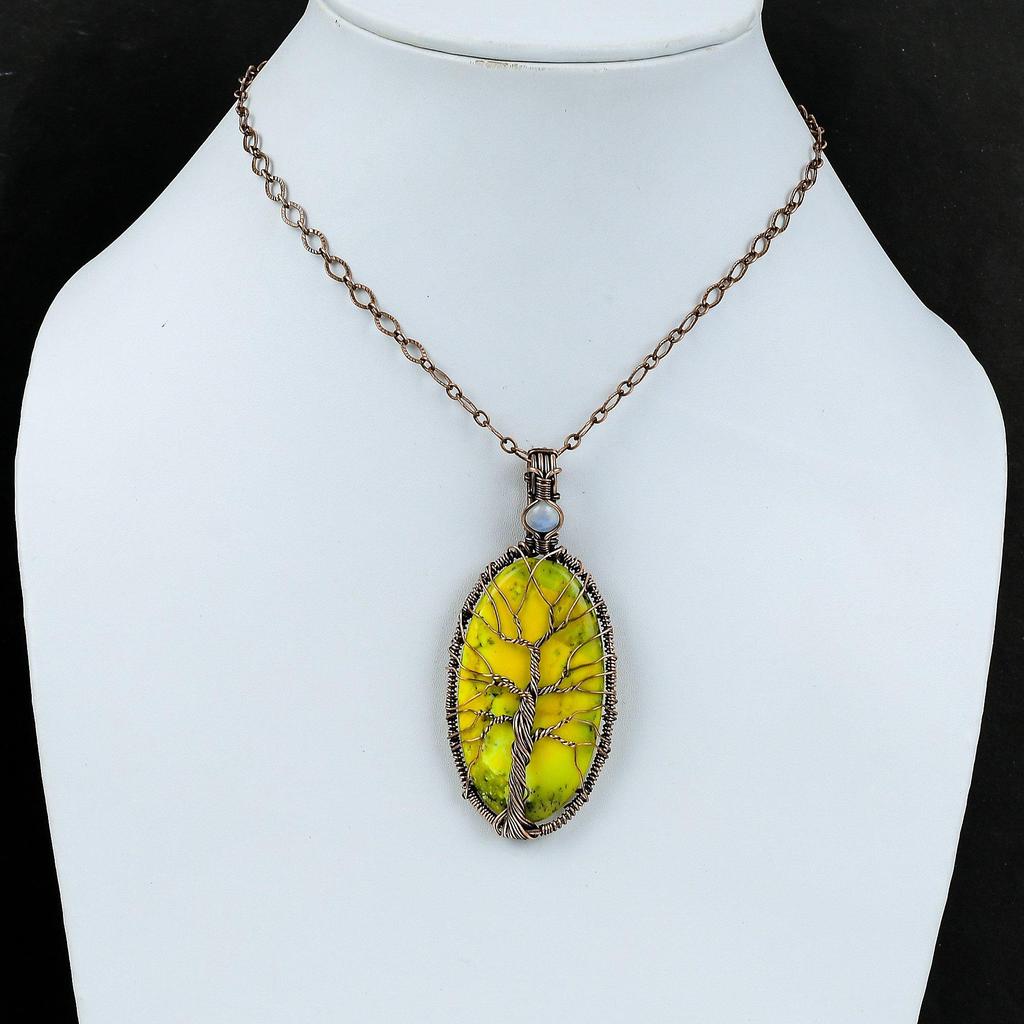 Tree Of Life Yellow Dendrite Opal Pendant Copper Wire Wrapped Pendant Rainbow Moonstone Pendant Gemstone Pendant Handmade Jewelry For Gift