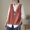 Women's Retro Artistic V-Neck Knitted Vest Coat for Autumn Hollow-Out H-Shape Slim-Fitting Gilet