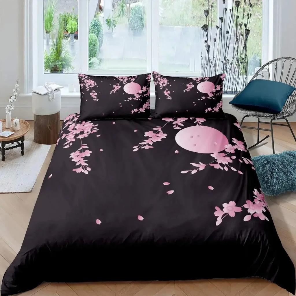 Japanische Bettwäschegarnitur, Zweig eines blühenden Sakura-Baums, Kirschblüten, Frühlingsthema, Kunst, Japanische Bettwäschegarnitur, Doppelbett