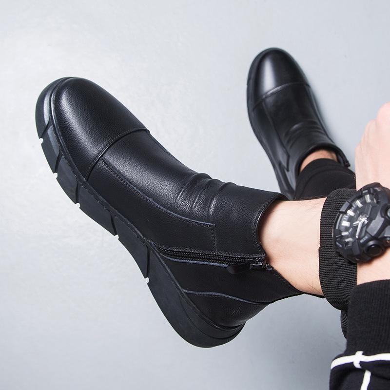 2025 winter new men's leather shoes casual fashion British high-top round head foot boots velvet