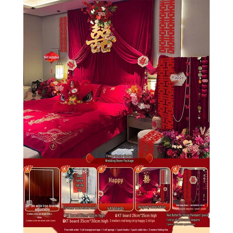 New Chinese Style Wedding Room Decor: Curtains and Joy Character Wall Art for Bedroom Atmosphere No specifications