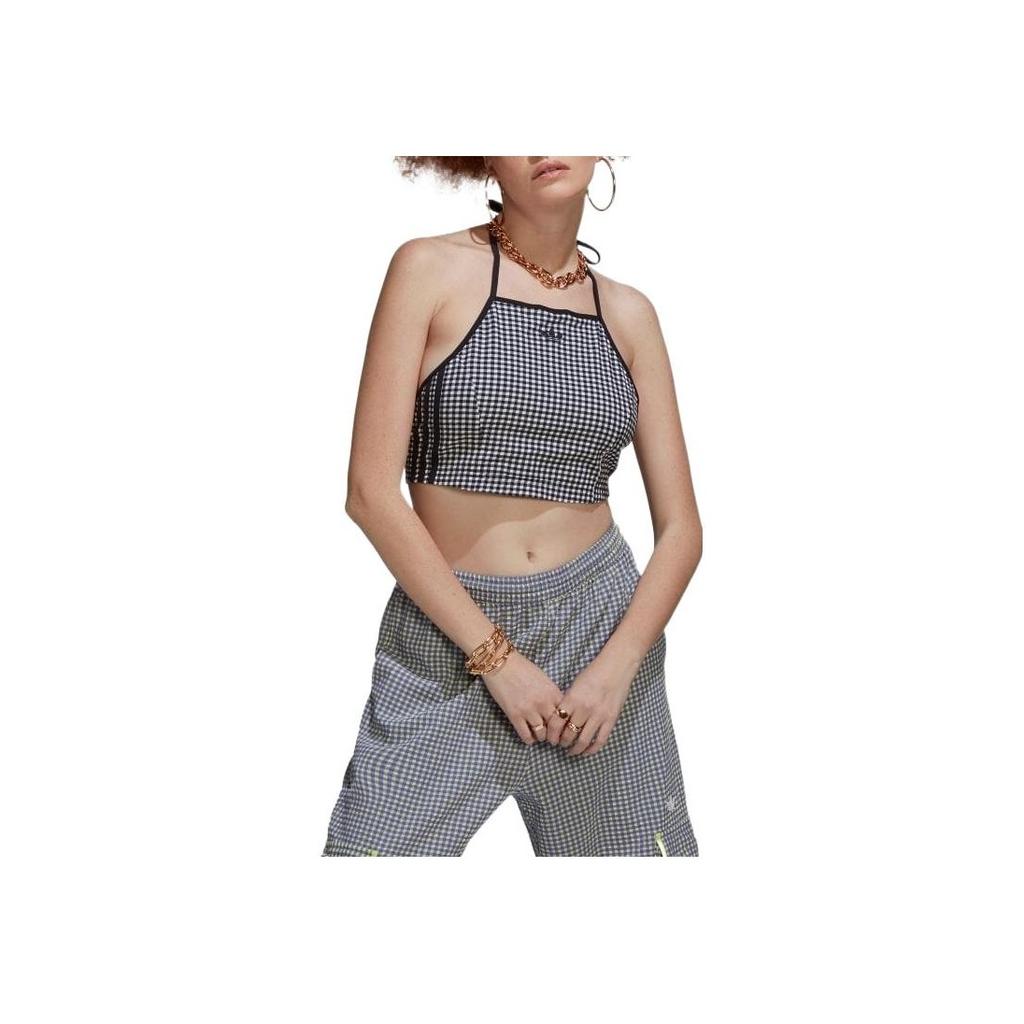 Adidas Originals Spice Girls Logo Embroidered Lace-Up Plaid Cami Women Tops Black HB9429