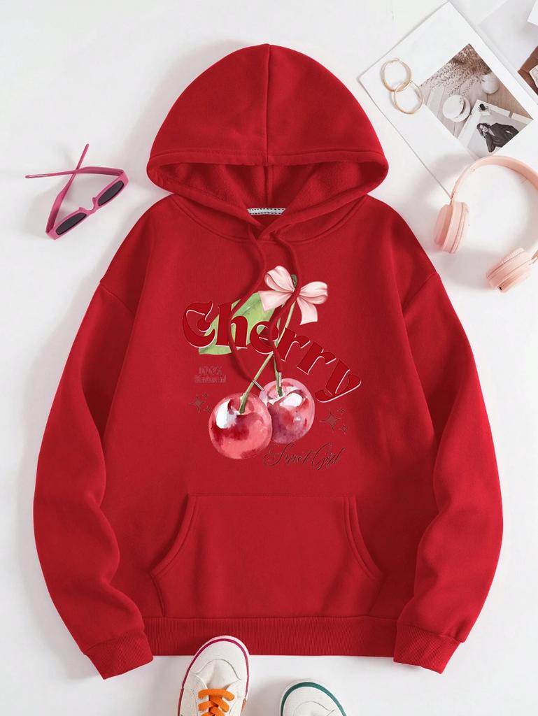 100% Natural Cherry Fruit Printing Women Hoody Pocket Y2K Hoodies Hip Hop Loose Pullover Casual Fleece Comfortable Clothes