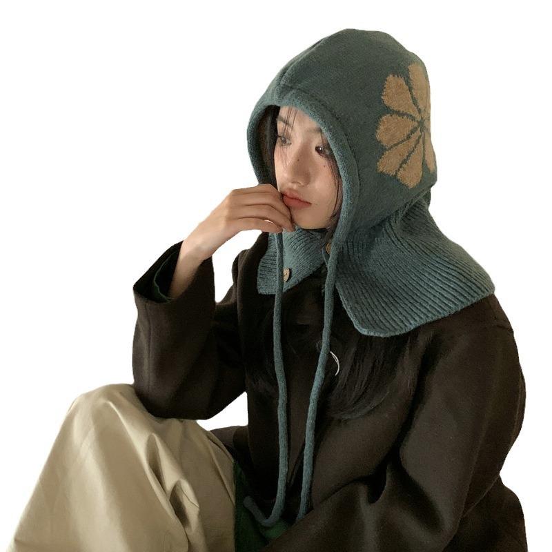 Knitted Warm Wool Hat Women's Winter Flower Drawstring Balaclava Ear Cap