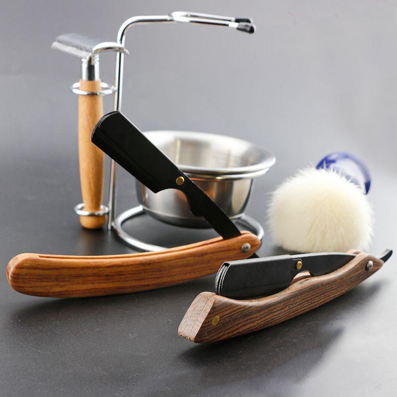 Vintage Manual Shaving Razor Wood Handle Straight Edge Barber Shaver for Men
