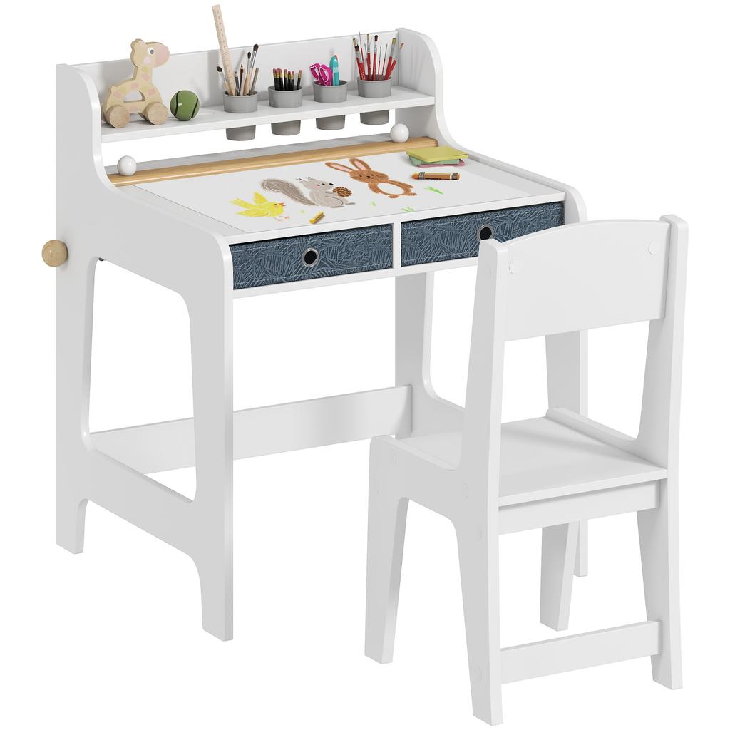 Kids' Desk and Chair Set with Shelf, Cup Holder, Drawers, Wooden for Boys and Girls Bedroom