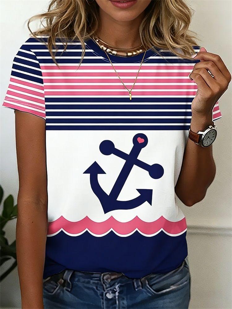 Summer Anchor Stripe 3D Print T-Shirts Women Casual Short Sleeve Round Neck T Shirt Harajuku Y2K Tees Top Female Street Clothing