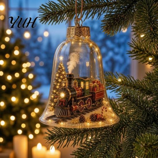 Vintage Christmas Tree Decor 3D Bell Ornament, Winter Scene Clear Decoration with Santa Holiday Home Atmosphere Enhancements Snowman Reindeer